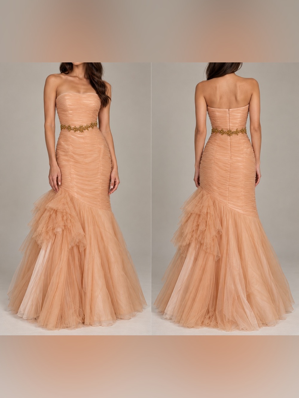 Jovani Peach Strapless Tulle Mermaid Gown with Gold Beaded Waist Size 6